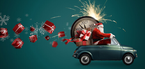 Christmas is coming. Santa Claus on toy car delivering New Year 2025 gifts and countdown clock at blue background with fireworks