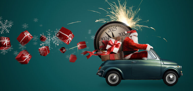 Christmas is coming. Santa Claus on toy car delivering New Year 2025 gifts and countdown clock at blue background with fireworks