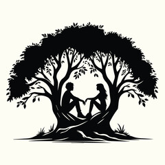 Couple Sitting by a Tree Silhouette Set for Nature, Romance, and Scenic Art Projects