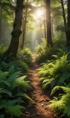 Fototapeta premium A sunlit forest floor is carpeted in ferns and other leafy greens with dappled sunlight filtering through the trees, leafy greens, natural scenery, sunlight filtering