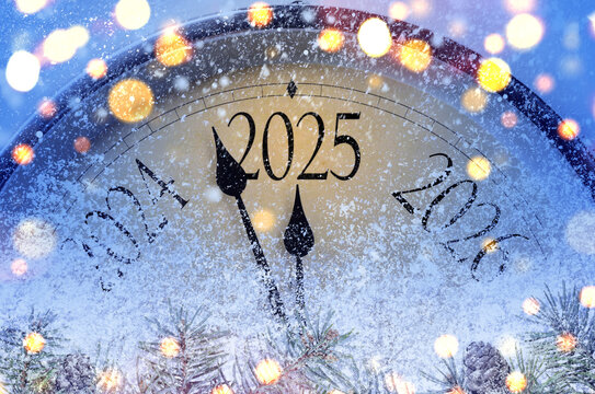 Countdown to midnight. Retro style clock counting last moments before Christmas or New Year 2025