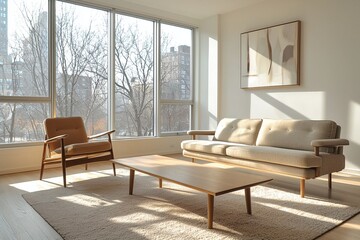 Fototapeta premium Bright living room with windows. Scandinavian interior design with sofa and cafe table. Generative AI 
