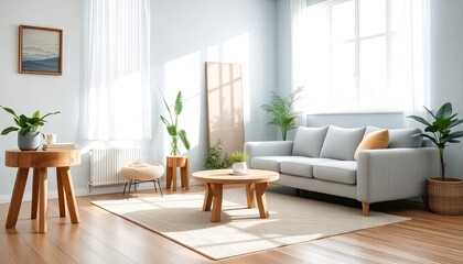 A bright and airy living room with a gray sofa, wooden coffee table, and various potted plants, creating a cozy and inviting atmosphere.