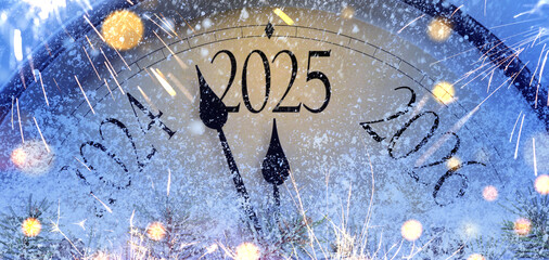 Countdown to midnight. Retro style clock counting last moments before Christmas or New Year 2025