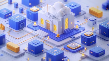 Isometric building amidst geometric tech.