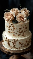 white three-layer cake, three delicate beige roses on the cake, cake with gold elements, simple cake, vintage style on a black background, minimalism:generative AI