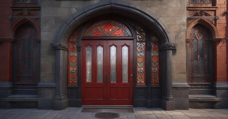 Obraz premium Dark red stone doorway with ornate metalwork and stained glass window above, historic architecture, mystical