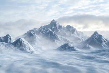 Photo of a Snow-Covered Mountain Range with a White Sky and Clouds