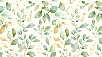 Watercolor Greenery Floral Pattern, a simple and clean light background with golden lines, white space in the center of the pattern, a white background