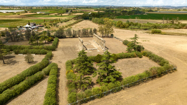 Aerial view of the Tavole Palatine ("Palatine Tables") located in Metaponto, Basilicata, Italy. They are the remains of a hexastyle peripteral Greek temple of Magna Graecia.