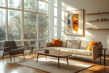 Fototapeta premium Modern minimalist interiors in residential living rooms with large windows visible and wood tables and sofas. Generative AI 