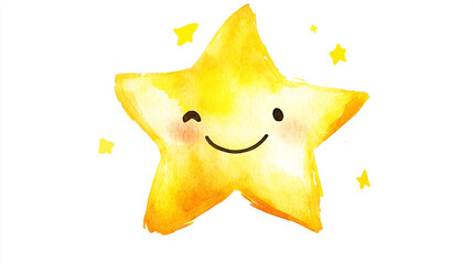 Fototapeta premium Cute smiling yellow star with cheerful expression and surrounding sparkles