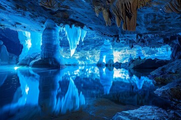 A unique underground cave features impressive blue lighting that highlights glistening ice formations and calm water, creating a serene atmosphere in this hidden gem.
