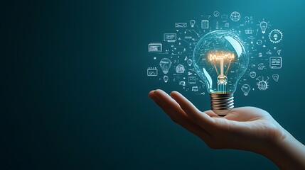Hand holding a light bulb with digital innovation
