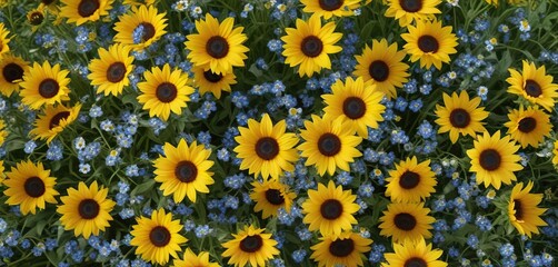 Bright yellow sunflowers paired with a mix of blue forget-me-nots and delicate wild chamomile, sunflowers, floral arrangement