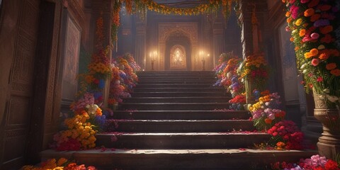 Obraz premium Garlands of fresh flowers cascade down the staircase leading to a mystical Indian shrine, peaceful ambiance, flowers, sacred spaces