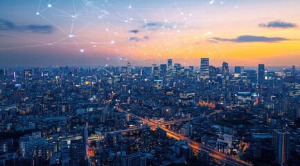 Obraz premium Connected city skyline at sunset, showcasing network connections.