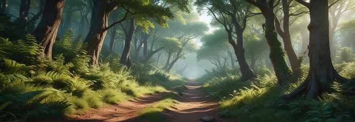 Forest trail winding through dense foliage and towering trees, wildflowers, forest path, leaves