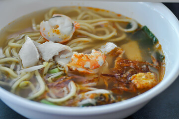 noodles with fish and shrimp or shrimp and fish noodles or Chinese noodles