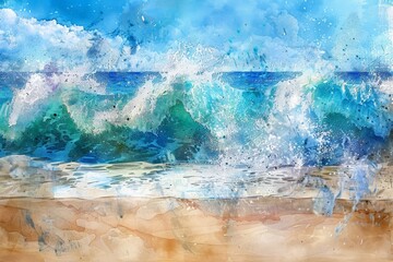 Waves surge energetically toward the beach, creating a beautiful splash against the sandy shore under bright blue skies, reflecting the vibrancy of a sunny day.