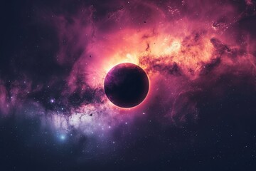 Obraz premium A dark planet captivates as it is enveloped by colorful swirling nebulae, creating a stunning cosmic scene filled with twinkling stars in deep space.