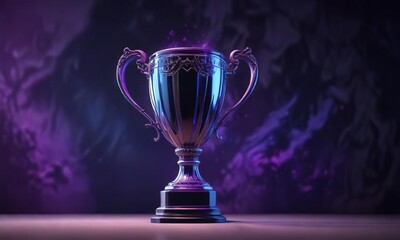 The purple and blue light creates a dramatic effect on a trophy, blue, mysterious