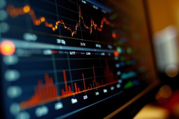 A close-up view of a digital display showing stock market trends with fluctuating graphs and candlestick patterns, indicating active trading activity.