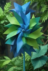 Blue paper pinwheel spinning slowly amidst the vibrant colors of lush green, green, vibrant