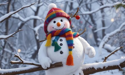 Snowman figure with bright scarf and hat on branch, rustic charm, snowflake pattern