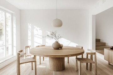 A minimalist, Scandinavian interior design dining room in a dining room with a dining table and chairs. Generative AI
