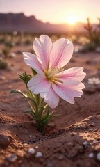 The soft pink hue of sunrise illuminates a lone white flower that has pushed its way through the hot desert soil, its petals glistening with dew, open space, landscape