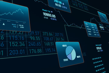 Business data, graph, pie chart, financial figures. Trading information, abstract presentation, stock market. Concept, illustration.