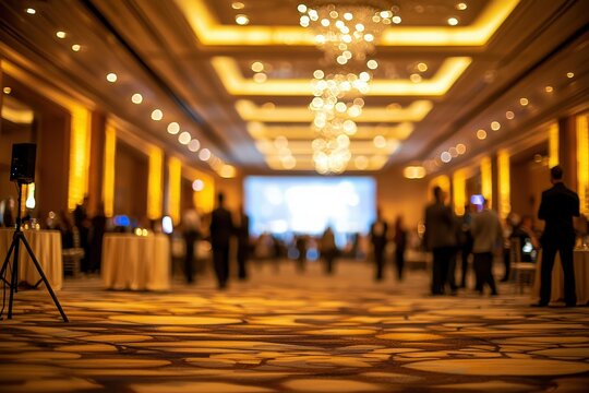 A spacious banquet hall is softly lit with golden tones, featuring elegantly dressed guests mingling. The atmosphere is festive as a large screen displays visuals, creating an inviting ambiance.
