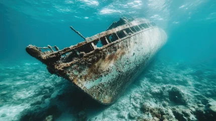 A rust-covered shipwreck rests at an angle on the ocean bed, surrounded by clear turquoise water, symbolizing abandonment, loss, and the relentless power of the sea.