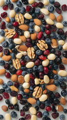 A mix of various nuts and dried fruits scattered on a white surface.