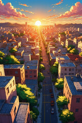 Aerial view of a dense city neighborhood at sunset, golden light on colorful rooftops, narrow alleys, and trees, in anime style