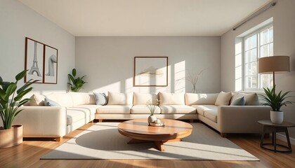A modern living room with a large white sectional sofa, a wooden coffee table, and various decorative elements such as plants and artwork.