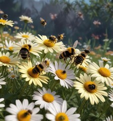 Obraz premium A group of bumblebees flying in formation over a patch of blooming daisies , fauna, bees