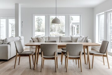 A dining room with minimalist, white-finished walls and a Scandinavian interior design with a view of the living room. Generative AI
