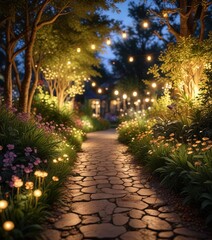 Fototapeta premium Aesthetic shot of a garden at dusk with golden bokeh lights, soft focus, evening scene