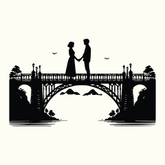 Couple Standing on Bridge Silhouette Set for Creative Love, Architecture, and Nature Artwork