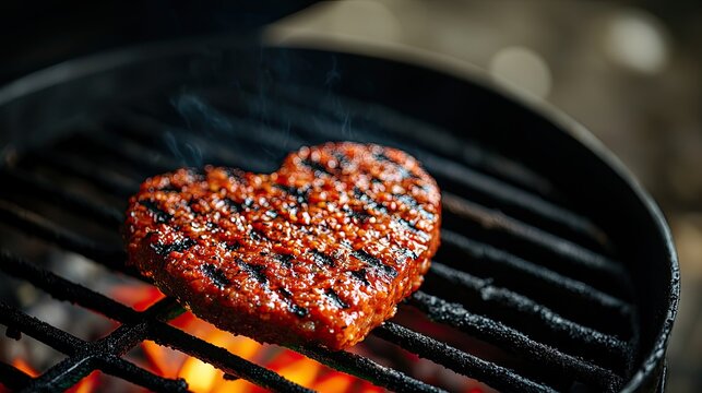 Heart-shaped burger grilling on barbecue for romantic dinner