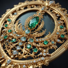 Oro decorado de dise&ntilde;o art&iacute;stico con esmeraldas brillantes y diamantes enmarcados, arte, brillantes