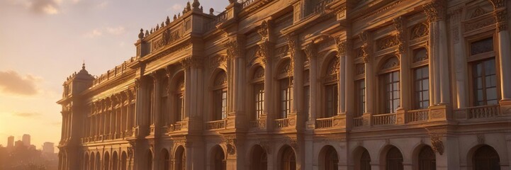 Obraz premium Palace facade illuminated by warm golden light as sunset casts its gentle glow on the surroundings, royal, hued