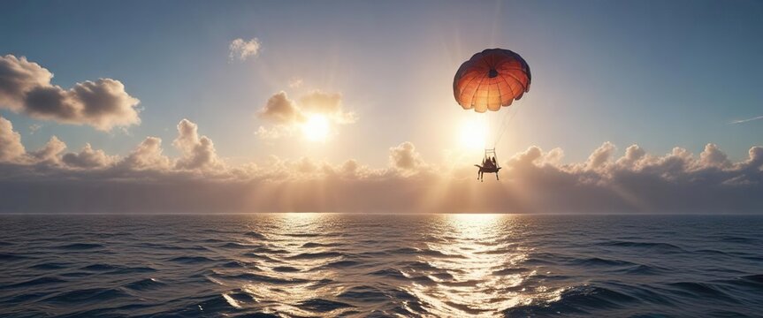 Parasailer flying high above the ocean's surface, movement, fly, scenery