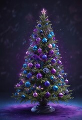 An abstract Christmas tree with sparkling lights and glittering ornaments amidst swirling purple and blue particles on a dark blue background, sparkles, shine, colorful particles