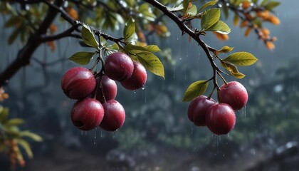 Obraz premium Rain-kissed plum clings to a branch as the surrounding foliage absorbs the rainwater , foliage, wet