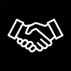 A silhouette of two hands shaking hands in a handshake gesture outline icon with a black background