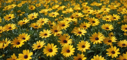 Field of bright yellow daisies with delicate petals and dark centers , wildflowers, flowers
