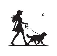 a girl walking her dog silhouette vector illustration